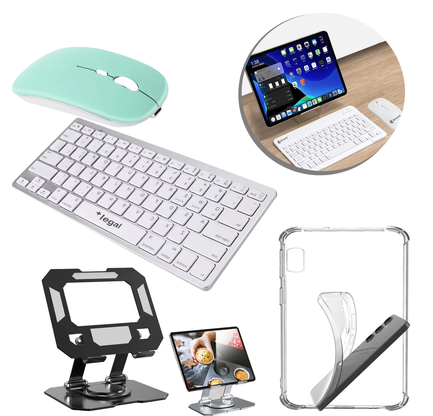 Kit Teclado, Mouse, Suporte Pra Tablet + Capa